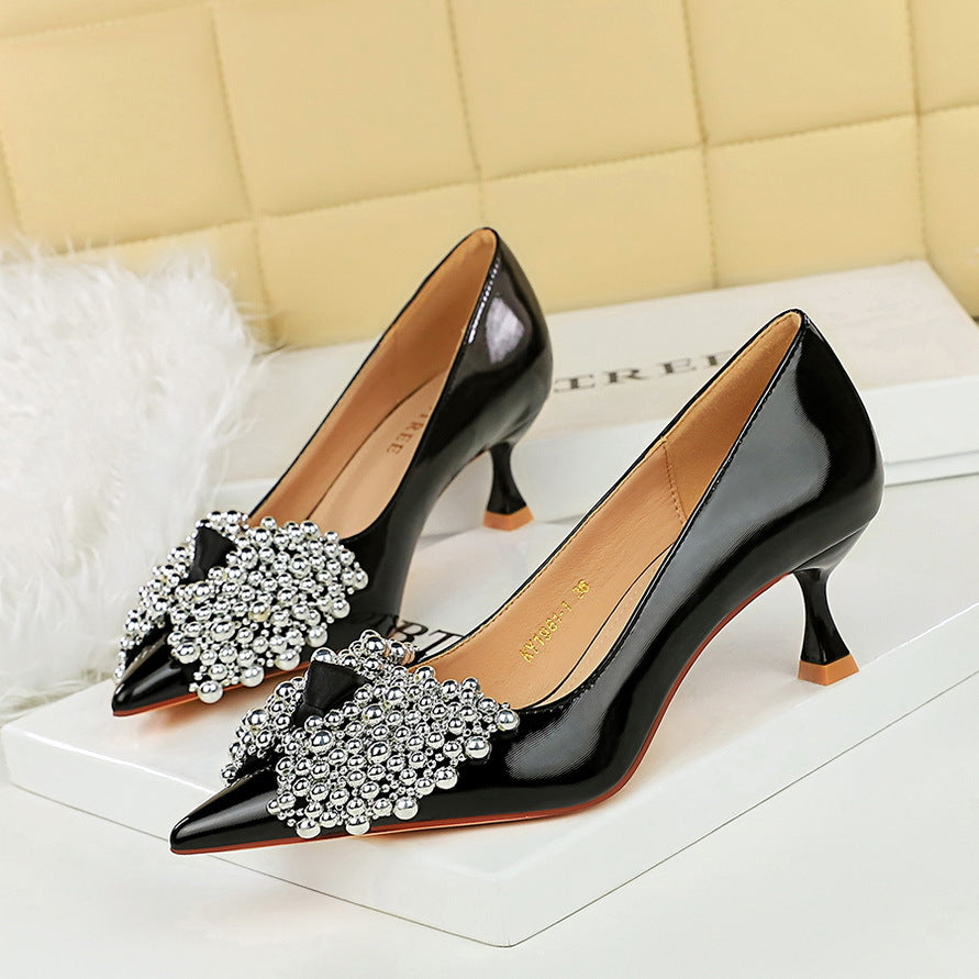 Diamond Bow Classy High Heels Pointed Stiletto Heel Shallow Mouth Thin Shoes Women - kinko Global Holdings inc