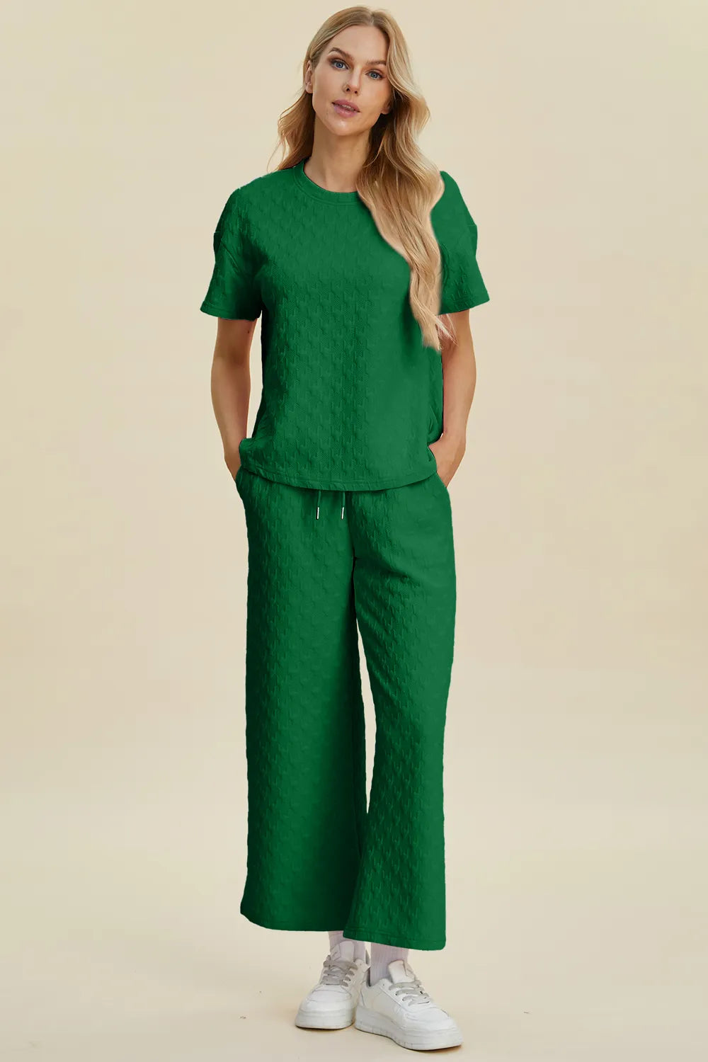 Double Take Full Size Texture Round Neck Short Sleeve Top and Pants Set - kinko
