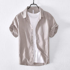 Casual Cotton And Linen Short Sleeve Shirt Men - kinko