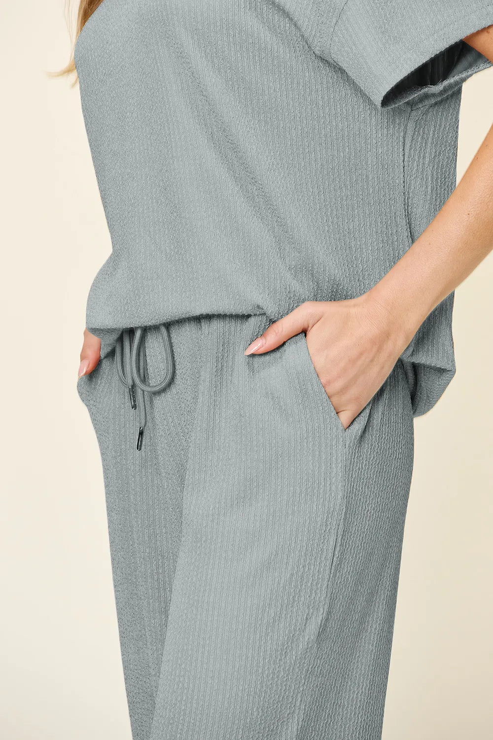 Double Take Full Size Texture Round Neck Short Sleeve T-Shirt and Wide Leg Pants - kinko