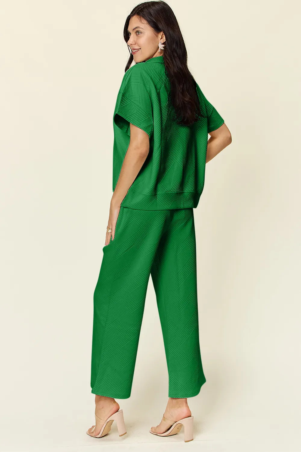 Double Take Full Size Texture Half Zip Short Sleeve Top and Pants Set - kinko