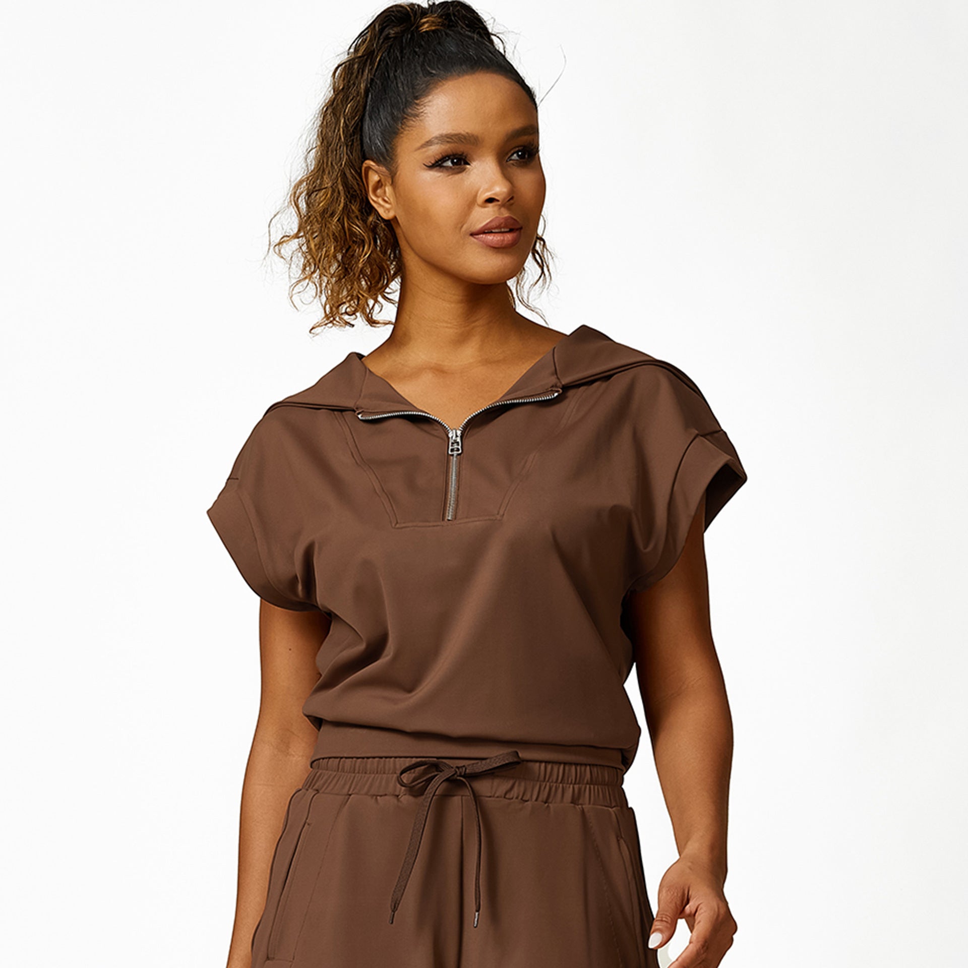 Loose Half Zipper And Lapel Sleeveless Top Casual Trousers Lace-up Shorts Three-piece Set - kinko