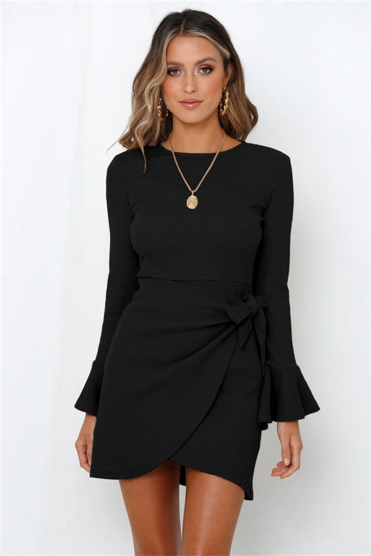 Women's Long Sleeve Dress Ruffle Flared Sleeve Bowknot Waffle Temperament Short Dresses - kinko