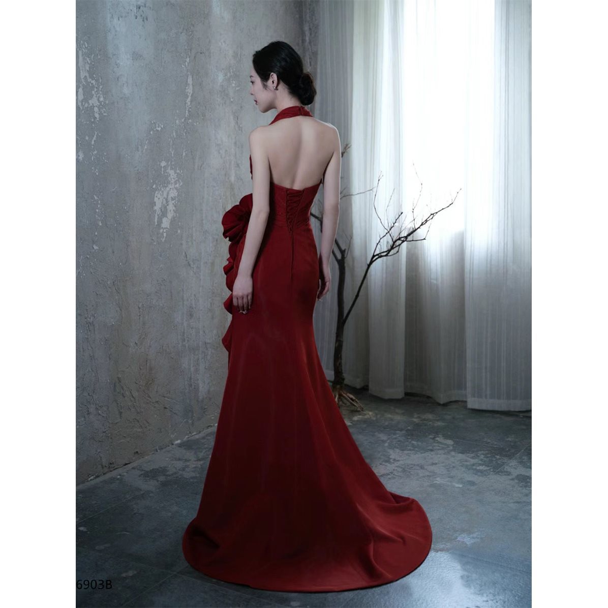 Socialite Style Wine Red Elegant Halter Bride Wedding Toast Dress - kinko