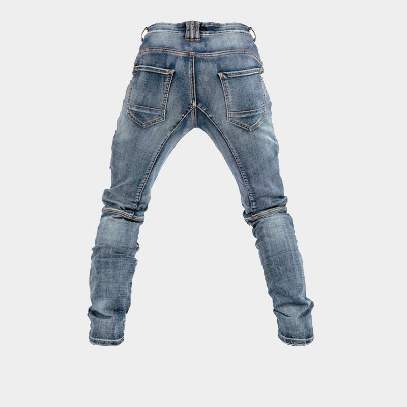 European And American Motorcycle Double Zipper Cycling Pants Four Seasons Slim Racing Anti-fall Jeans - kinko