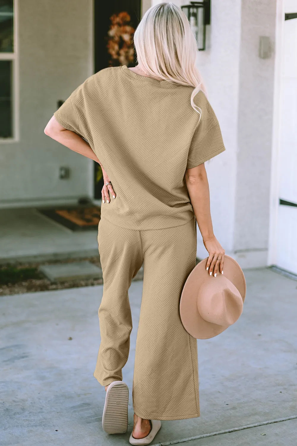 Double Take Full Size Texture Short Sleeve Top and Pants Set - kinko