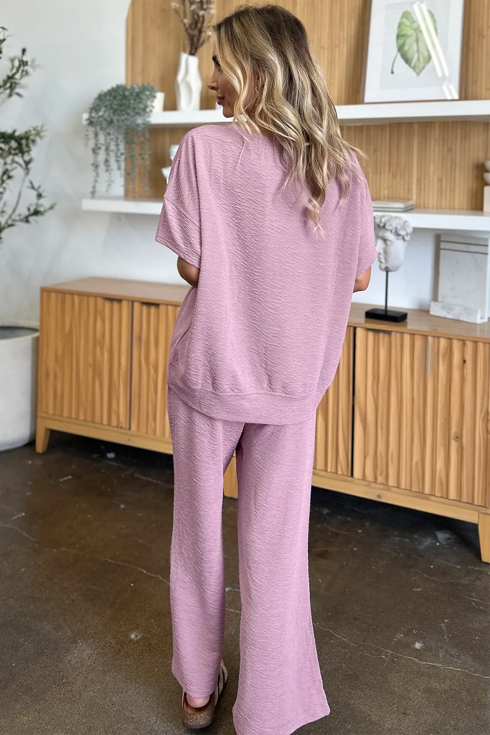 Double Take Full Size Texture Short Sleeve Top and Pants Set - kinko