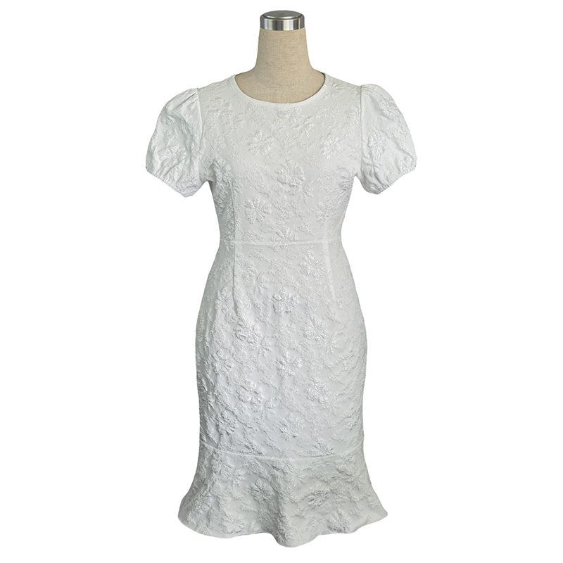 Women's Floral Jacquard Dress Women's Short Puff Sleeve Crew Neck Ruffle Hem Bodycon Dresses - kinko