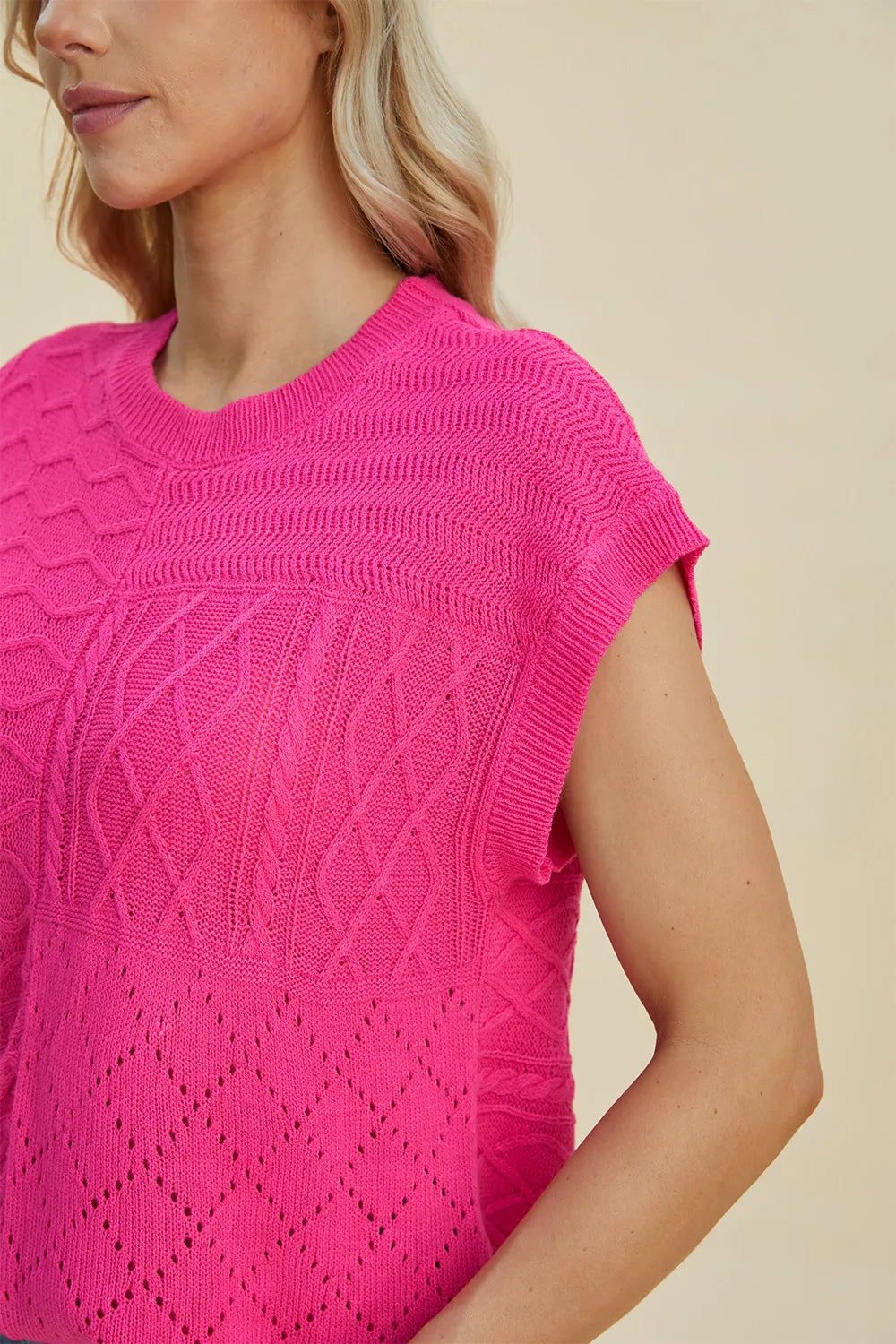 Double Take Full Size Cable-Knit Round Neck Cap Sleeve Sweater - kinko