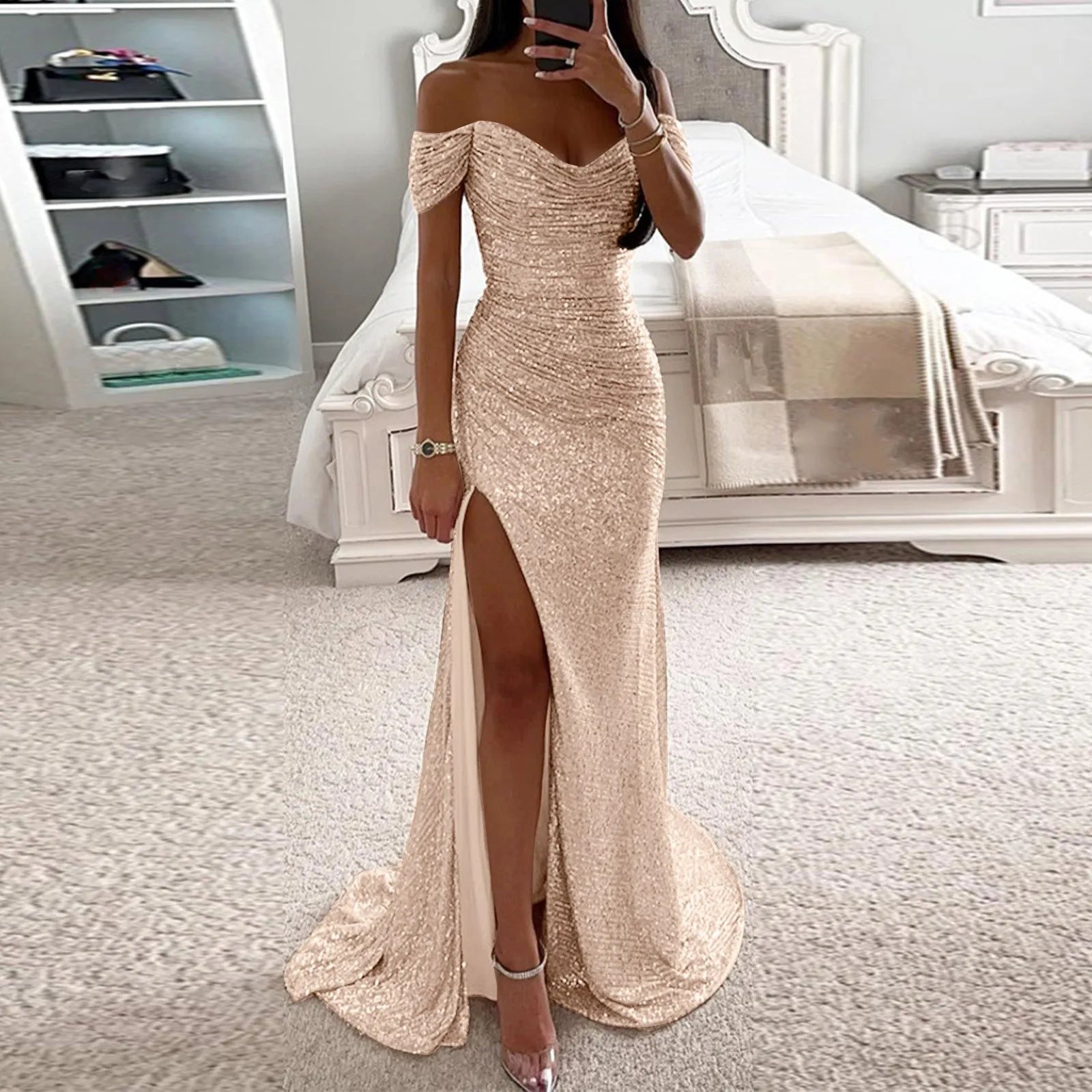 Female Creative Solid Color Sparkling Slit Dress - kinko