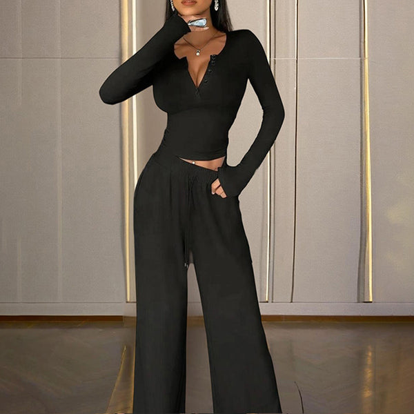 Women's Solid Color Fall&Winter Pants Set - Sexy V-Neck Button-Up Fitted Long Sleeve T-Shirt & High-Waist Flared Wide-Leg Stretchy Pants