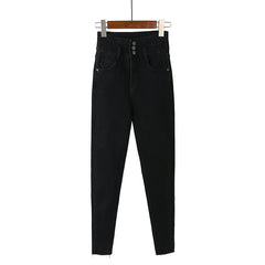 Fleece high waist jeans women's feet fall and winter