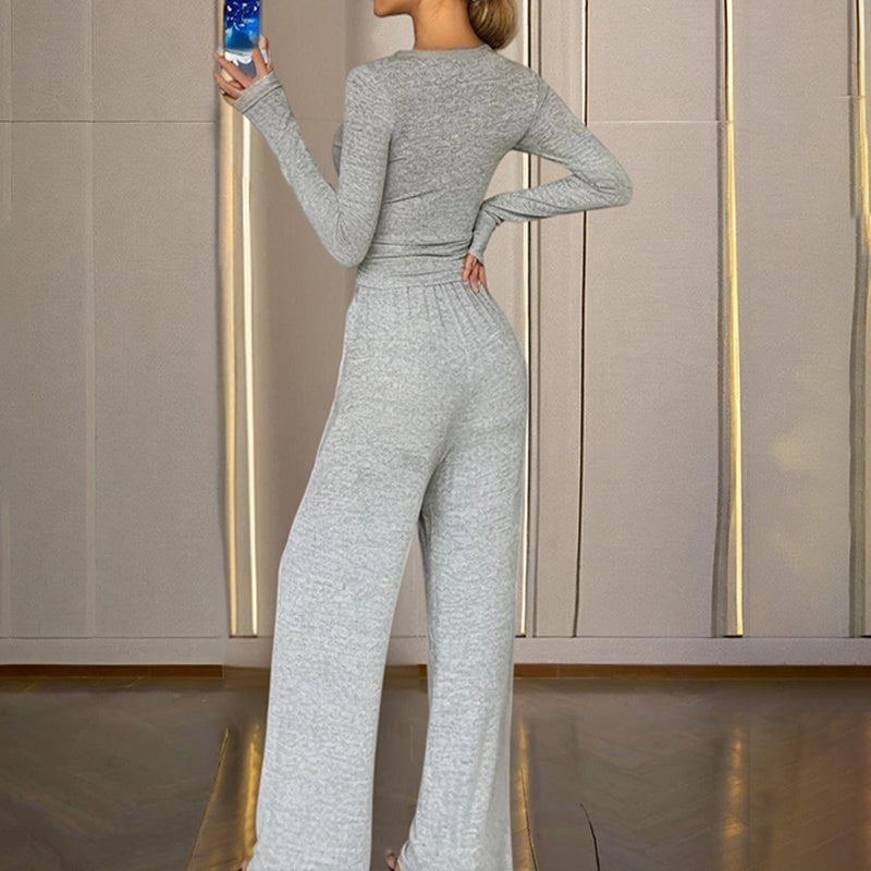 Women's Solid Color Fall&Winter Pants Set - Sexy V-Neck Button-Up Fitted Long Sleeve T-Shirt & High-Waist Flared Wide-Leg Stretchy Pants - kinko