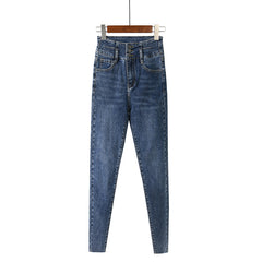 Fleece high waist jeans women's feet fall and winter