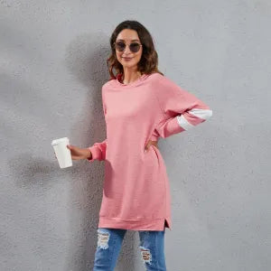 Spring Summer round Neck Contrast Color Stitching Long Sleeve Color Cotton Casual Loose Top Women