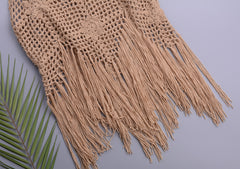 Vacation Beach Tassel Pure Hand Crocheting Woven Split Swimsuit V-neck Lace up Top Women Crochet