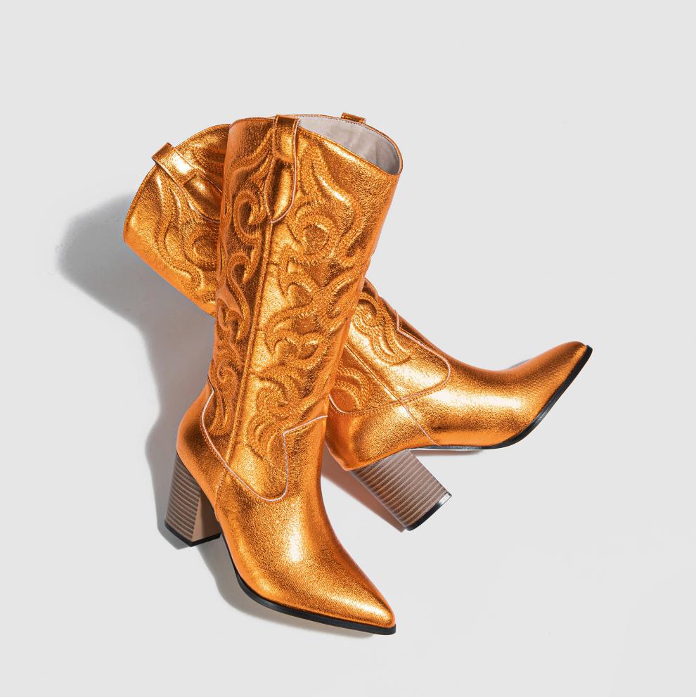 Knee High Boots Thick Sponge Soft Embroidered Floral Personality Pointed Chunky Heel High Heel plus Size Boots Ethnic - kinko Global Holdings inc