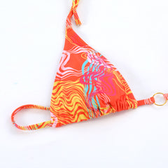 Sexy Printed Backless Split Swimsuit Women Lace Up Three Ring Bikini Without Chain