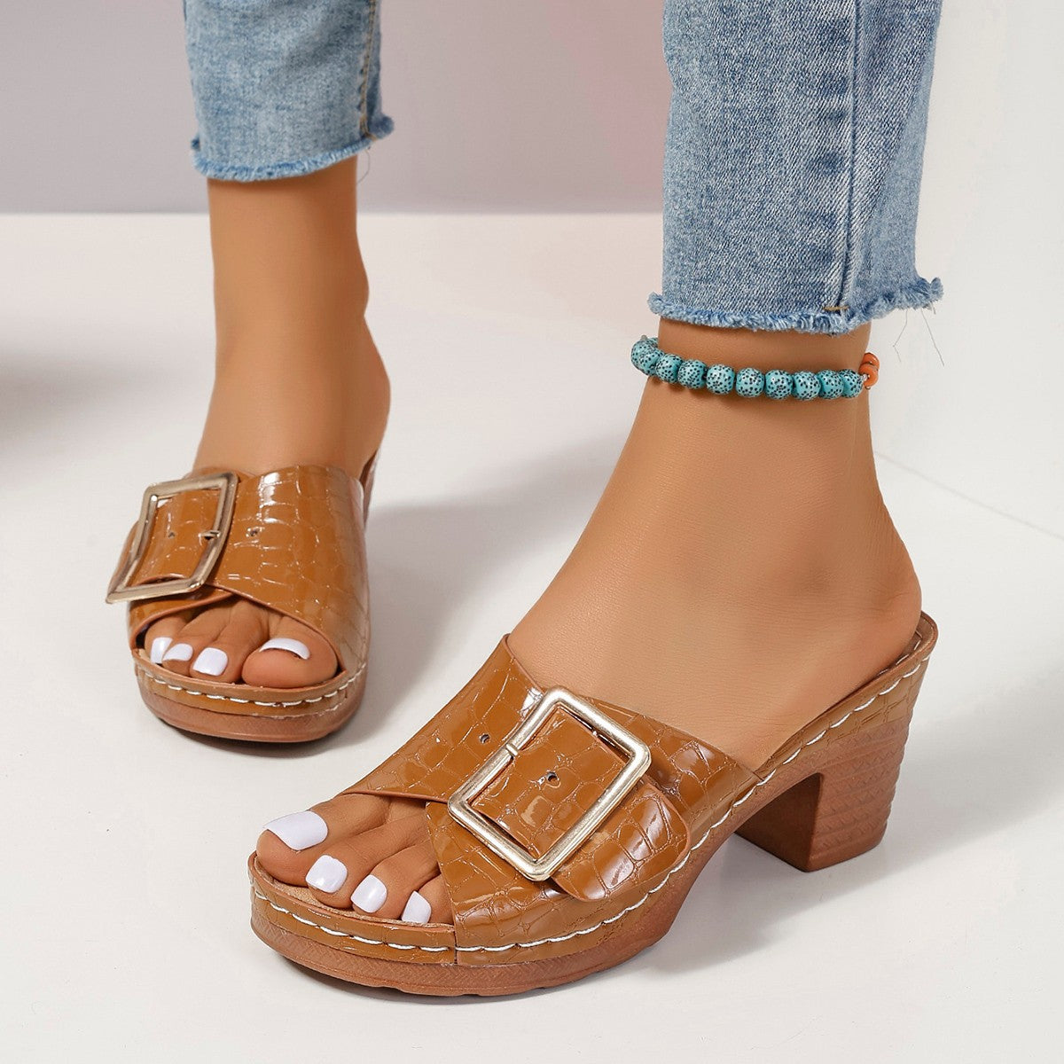 Thick Heel V Cut Peep Toe Slippers Women Summer Ankle Strap High Heel Sandals - kinko Global Holdings inc