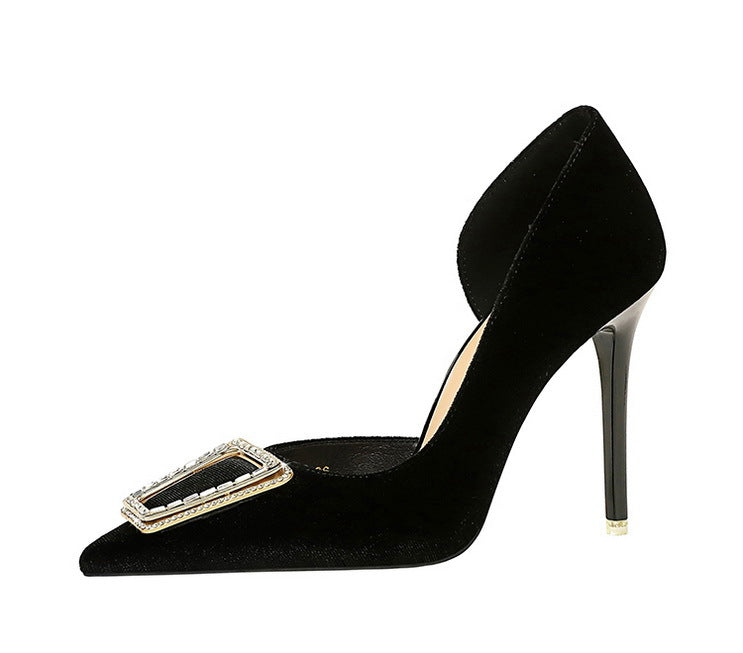 Cocktail High Heels Stiletto Heel Shallow Mouth Pointed Toe Metal Buckle Suede Side Empty Super High Heel Shoes - kinko Global Holdings inc