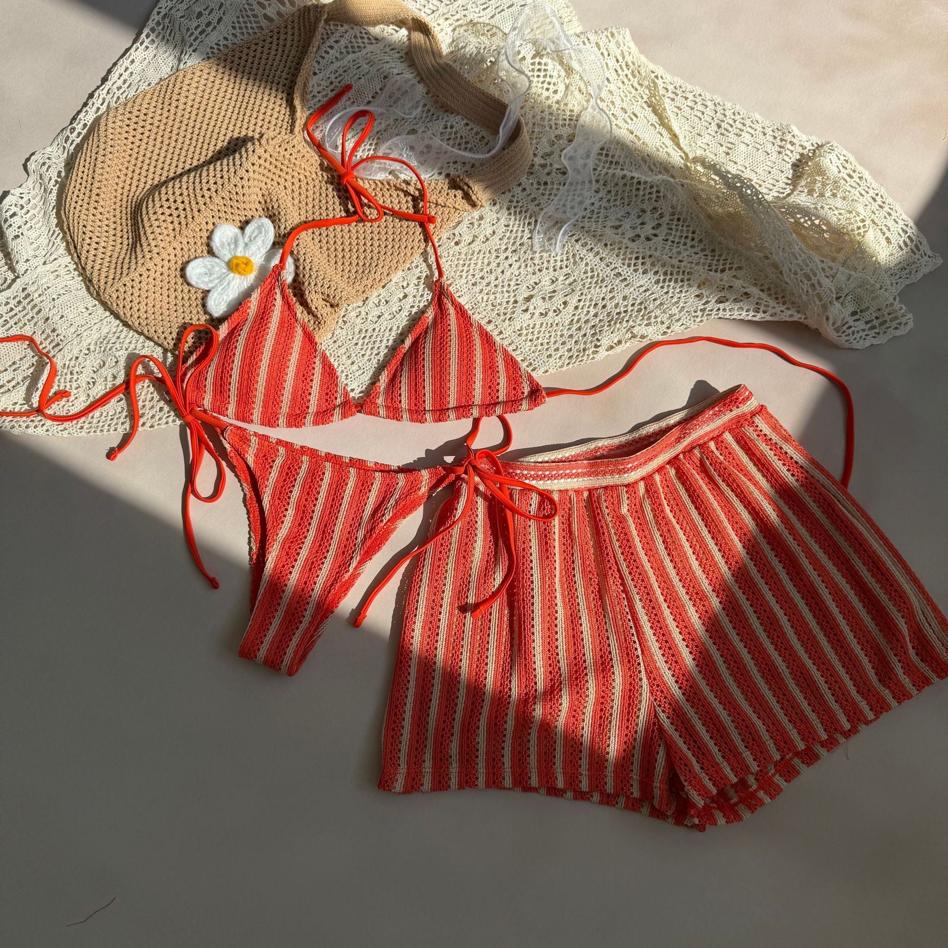 Sexy Lace up Striped Three Piece Swimsuit Bikini - kinko Global Holdings inc