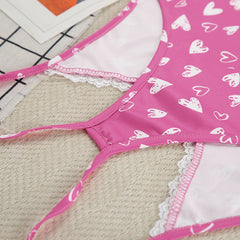 Heart Printing Lace Design Sexy Strappy Bow Lace Shorts Two Piece Set Ladies Homewear