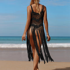 Beach Vacation Sexy Hand Crocheting Woven Hollowed Tassel Beach Mid Length Dress Bikini Smock Dress