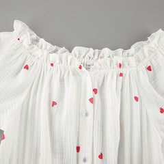 Summer White Cotton Heart Printing Nightdress Loose Soft Breathable Ruffled Ladies Homewear