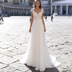 A Series Chiffon Wedding Dress V-neck Long Sleeve - kinko