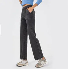 Summer Multi Pocket Workwear Jeans Women Retro Trendy High Waist Slimming Straight Wide Leg Casual Pants