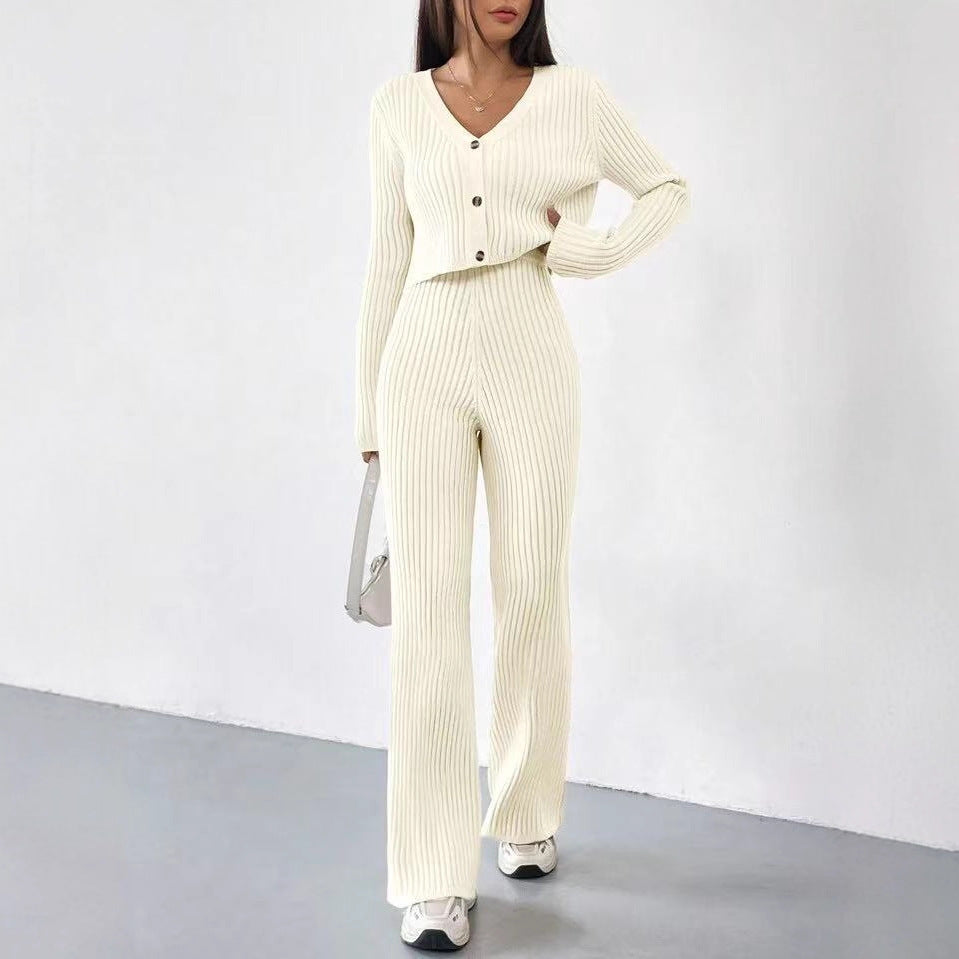 Solid Color Knitted Two-piece Women's V-neck Short Knitted Cardigan Bootcut Trousers Versatile Casual Women's Clothing - kinko