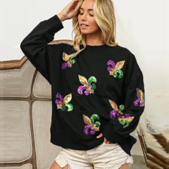Spring Autumn Sequined Knitted Sweatshirt Round Neck Long Sleeve Pullover Top Women Outerwear