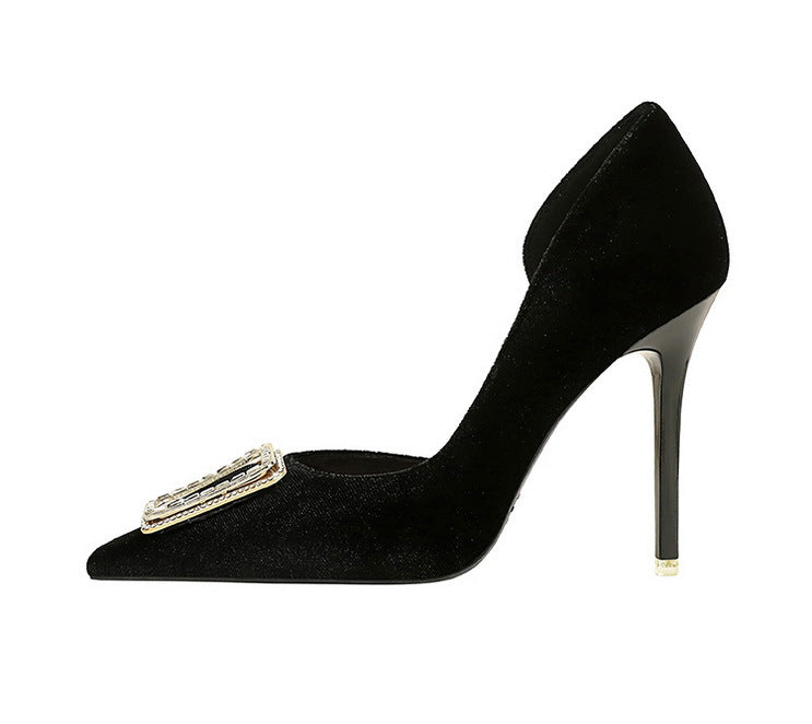Cocktail High Heels Stiletto Heel Shallow Mouth Pointed Toe Metal Buckle Suede Side Empty Super High Heel Shoes - kinko Global Holdings inc