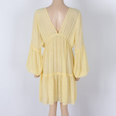 Summer Deep V Plunge neck Lantern Sleeve Dress Beach Cover up