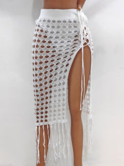 Women Clothing Sexy Cutout Woven Lace up Tassel Dress Split Beach Skirt