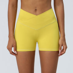 Peach Hip Raise Yoga Shorts Elastic High Waist Running Workout Shorts Cross Waist Skinny Peach Hip Shorts