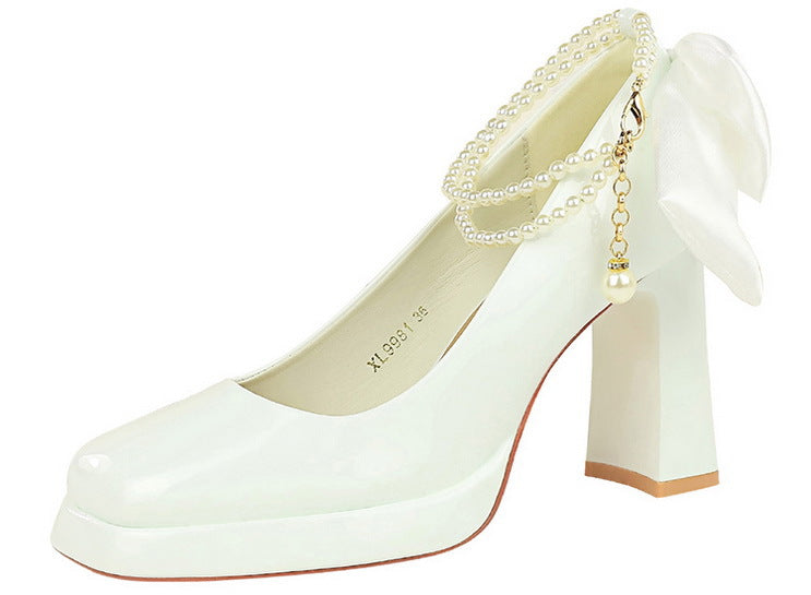 Square Toe Thick Heel Super High Heel Waterproof Platform Pearl Chain Word with Bowknot Wedding Shoes Pumps - kinko Global Holdings inc