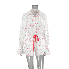 Spring Summer Pure Cotton Heart Printing Pajamas Suit Cardigan Long Sleeve Pants Shorts Women Homewear