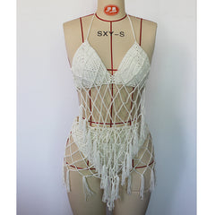 Beach Travel Hand Crocheting Mesh Belt Long Fringe Hollow Out Cutout Knitted Lace-up Sexy Open Back Swimsuit Bikini Crochet hook