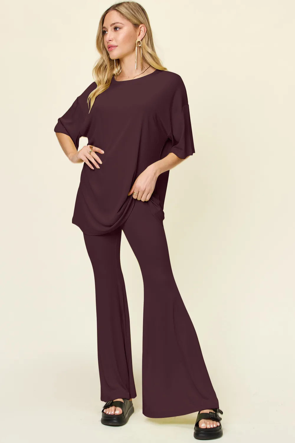 Double Take Full Size Round Neck Drop Shoulder T-Shirt and Flare Pants Set - kinko