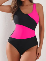 One Piece Contrast Color Women Swimsuit Asymmetric Design Slim Fit Swimsuit