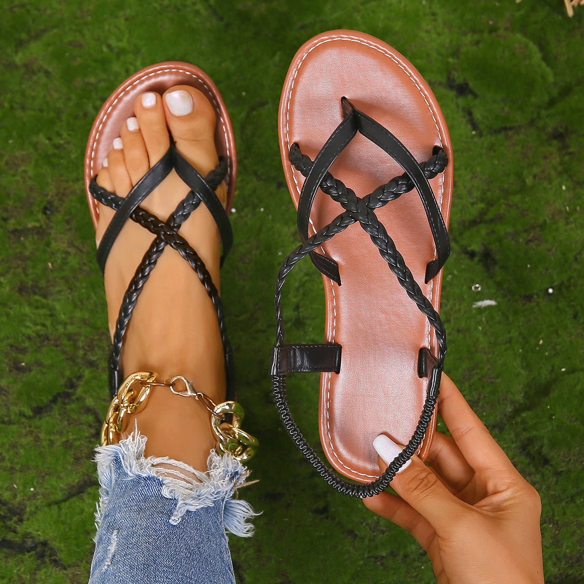 Knitted Belt Flip Flops Women plus Size Elastic Band Solid Color Sandals Sandal - kinko Global Holdings inc