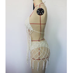 Beach Travel Hand Crocheting Mesh Belt Long Fringe Hollow Out Cutout Knitted Lace-up Sexy Open Back Swimsuit Bikini Crochet hook