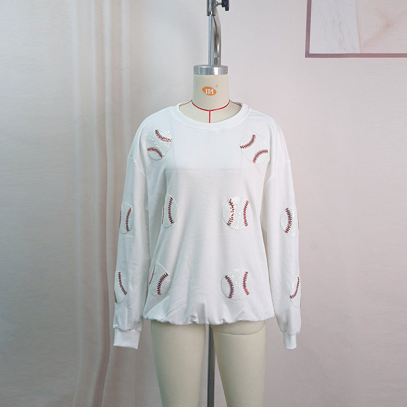 Spring Popular Baseball Sequined Sweatshirt Lazy Long Sleeve Tops Outerwear Women - kinko Global Holdings inc