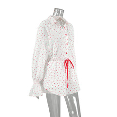 Spring Summer Pure Cotton Heart Printing Pajamas Suit Cardigan Long Sleeve Pants Shorts Women Homewear