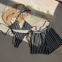 Sexy Lace up Striped Three Piece Swimsuit Bikini - kinko Global Holdings inc