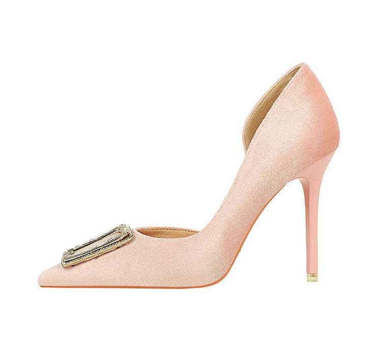 Cocktail High Heels Stiletto Heel Shallow Mouth Pointed Toe Metal Buckle Suede Side Empty Super High Heel Shoes - kinko Global Holdings inc