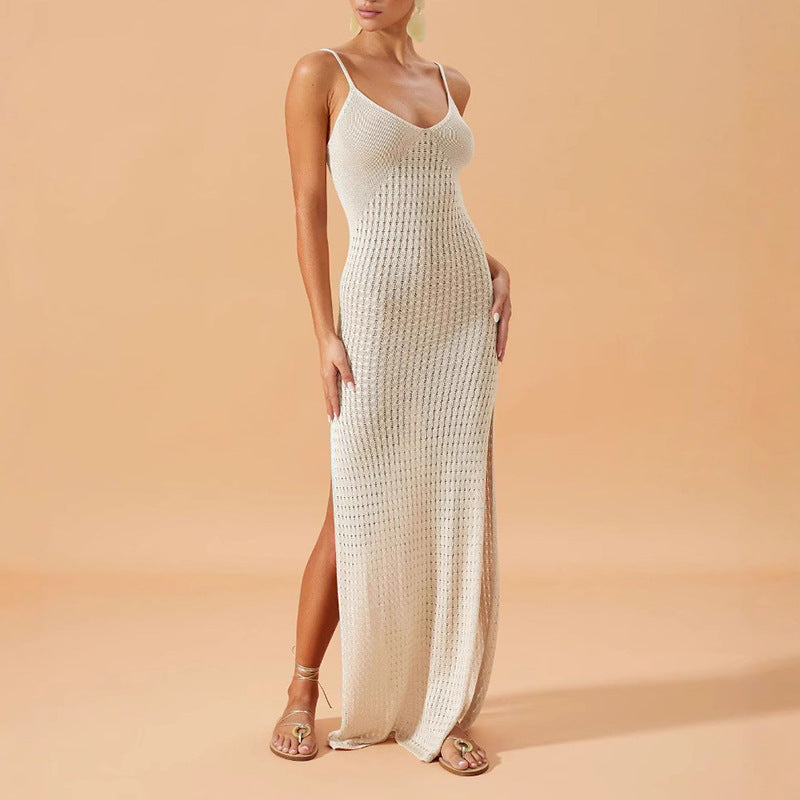 Solid Color Sling Dress Side Slit Summer Pure Want to Wear Seaside Women Knitted Dress Slim French Hip - kinko Global Holdings inc