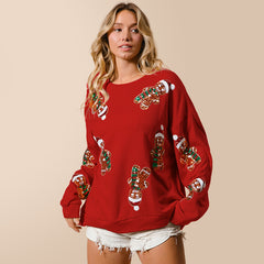 Spring Autumn Best Women Clothes Christmas Gingerbread Man Sequined Sweatshirt Solid Color Long Sleeve Knitted Top