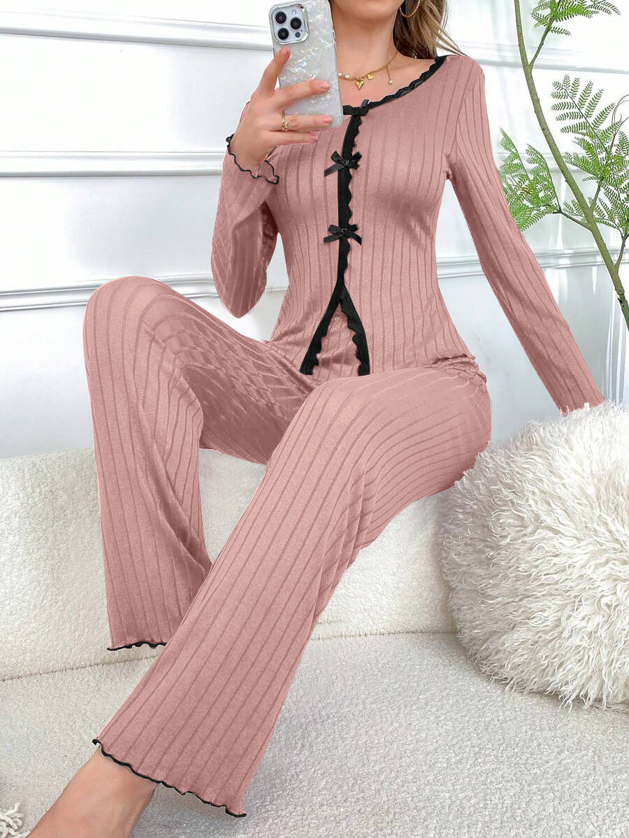Long Sleeve Trousers Casual Homewear Lace Cardigan Suit - kinko